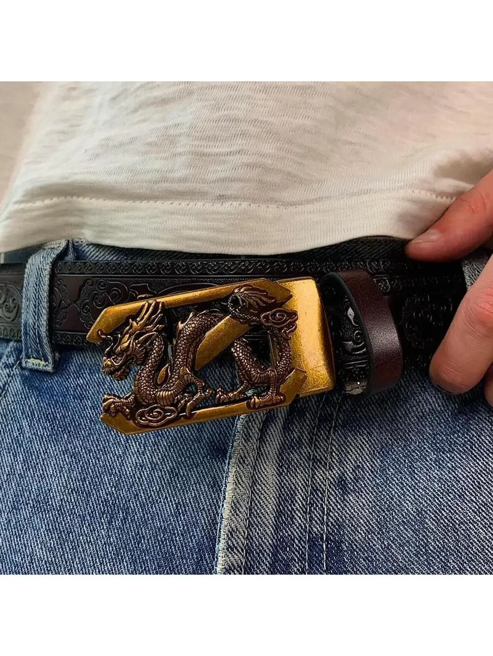 Chinese Dragon belt buckle dark brown belt. 47 inches length